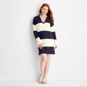 Long sleeve Rugby Rib-Knit Mini Sweater Dress in Navy and Cream